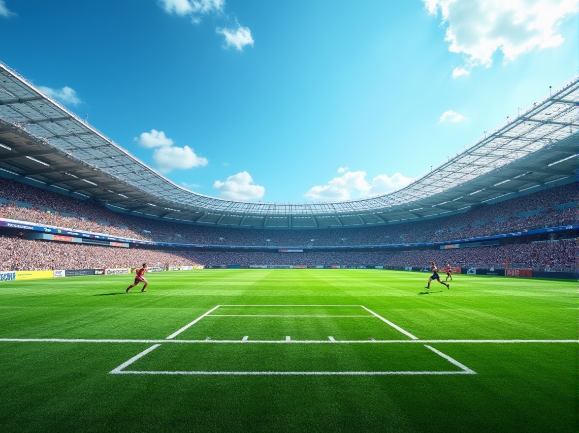 Prompt: Modern stadium, athletic event, sunny day, blue sky with few white clouds, polyethylene turf, green grass-like texture, artificial surface, white lines marking playing fields, goalposts, nets, stadium seats, cheering crowd, athletes running, jumping, playing sports, sporty atmosphere, dynamic composition, shallow depth of field, vibrant colors, high contrast, dramatic lighting, 3/4 angle view.