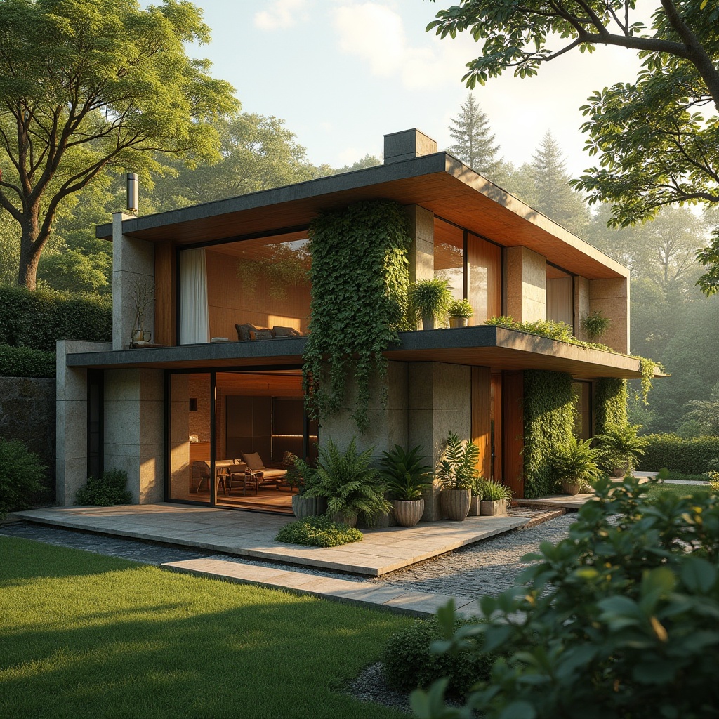 Prompt: Modern Bauhaus villa, surrounded by lush greenery, integrating nature with architecture, large windows, sliding glass doors, merging indoor and outdoor spaces, wooden accents, natural stone walls, cantilevered roof, overhanging eaves, minimalist decor, potted plants, living wall, vertical garden, natural light pouring in, warm atmosphere, 3/4 composition, soft focus, shallow depth of field, warm color tone, cinematic mood, afternoon sunlight.