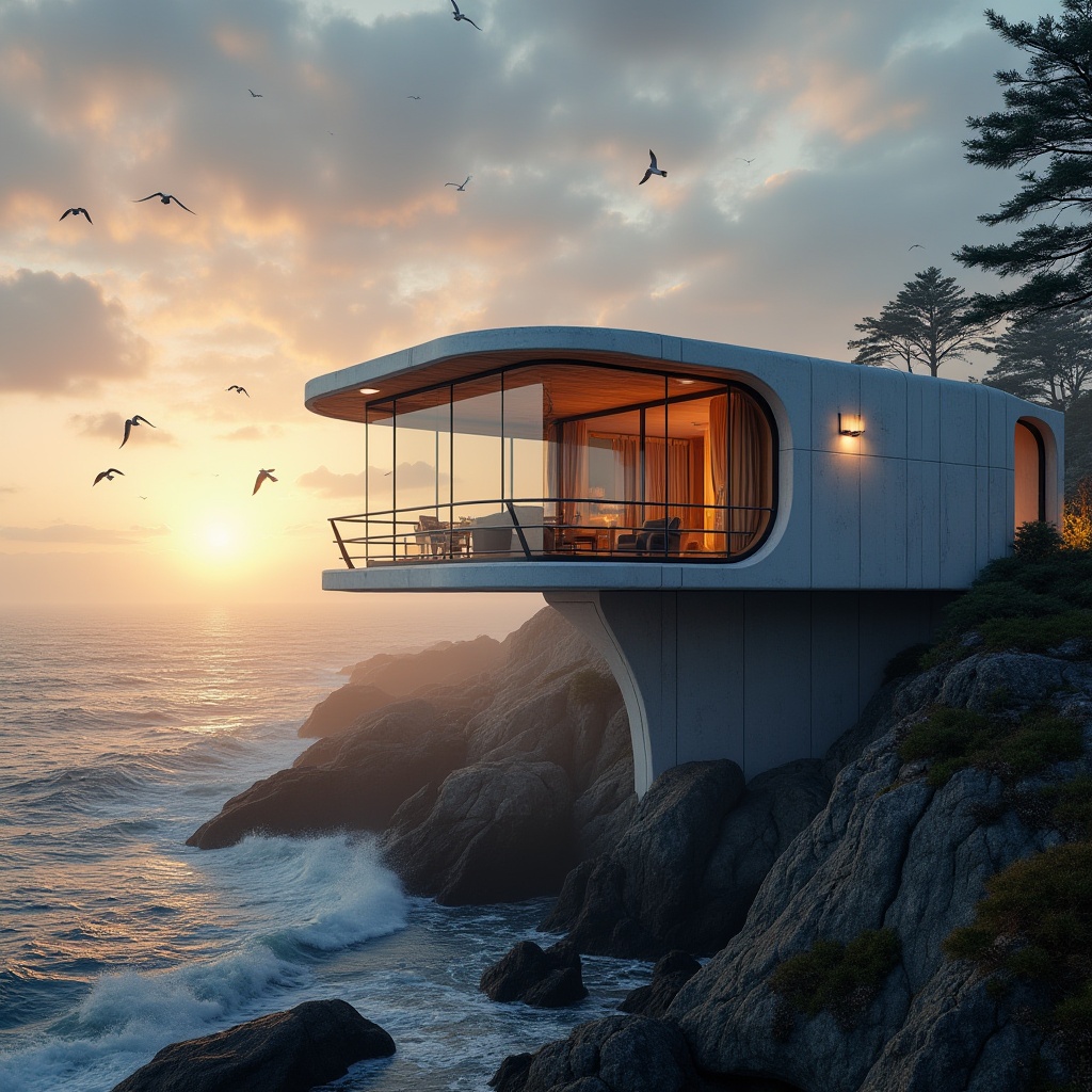 Prompt: Modern coastal watching tower, sleek minimalist design, curved lines, white concrete walls, large glass windows, wooden accents, nautical theme, rope details, lantern-inspired lighting, ocean views, sunset panorama, dramatic skies, seagulls flying overhead, wind-swept trees, rugged coastline, rocky shores, crashing waves, misty atmosphere, warm golden light, cinematic composition, 3/4 view, low-angle shot.