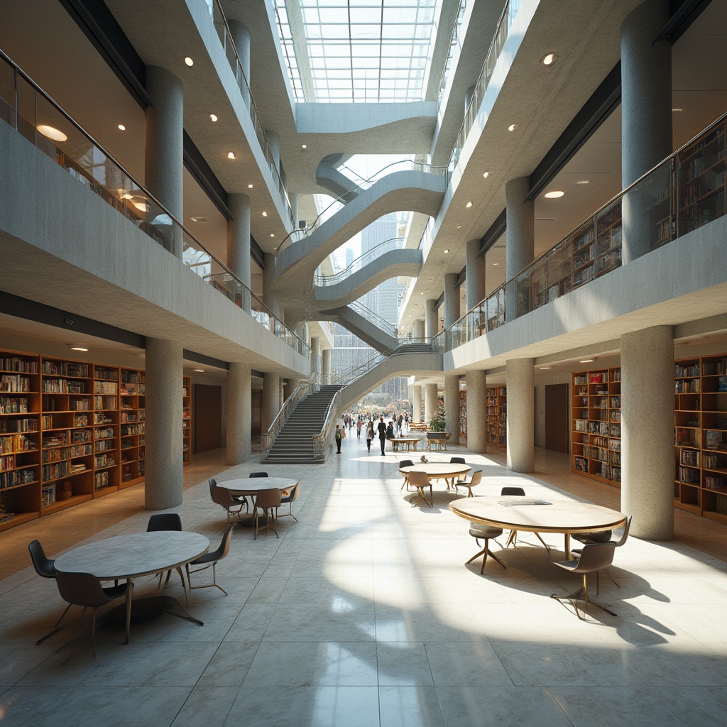 Prompt: Modern architectural structure, library building, grand staircase, glass ceiling, minimalist chandeliers, marble flooring, sleek wooden shelves, futuristic tables, ergonomic chairs, natural light pouring in, subtle shadows, abstract geometric patterns, steel beams, concrete columns, urban cityscape background, busy streets, pedestrians walking by, sunny day, dramatic contrast, cinematic composition, symmetrical balance, high-angle shot, architectural photography style.