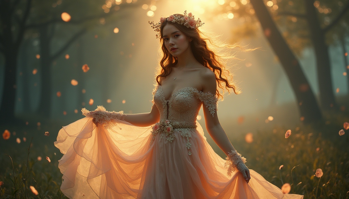 Prompt: Whimsical woman, romantic dress, flowing curly hair, gentle makeup, slender waist, lace gloves, flowers in hair, misty forest, twinkling fireflies, crescent moon, warm golden lighting, dreamy atmosphere, soft focus, ethereal composition, impressionist brushstrokes, delicate petals, shimmering silk fabric, intricate lace details, whispers of trees.