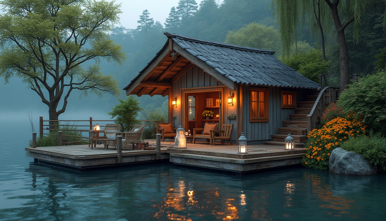 Prompt: Boathouse, gray color, wooden structure, rustic design, waterfront, lake, calm water, reflection, surrounded by lush greenery, tall trees, vibrant flowers, winding stairs, lanterns, warm lighting, cozy atmosphere, 3/4 composition, soft focus, serene background, nature-inspired decor, nautical elements, ropes, anchors, lifebuoys.