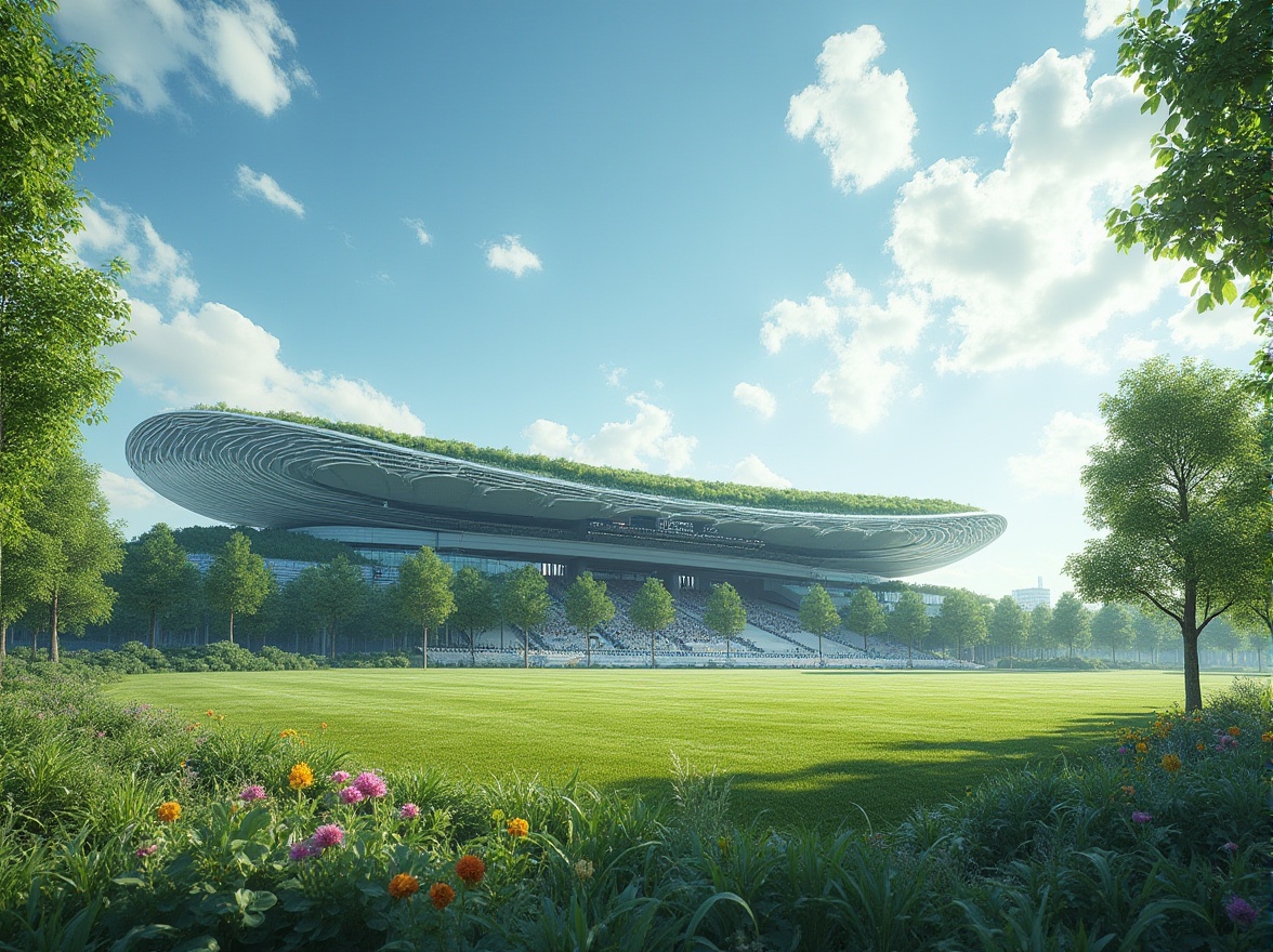 Prompt: Stadium landscape, modern architecture, green roof, lush trees, vibrant flowers, curved lines, futuristic design, sunny day, clear blue sky, dramatic clouds, dynamic composition, low-angle shot, natural light, ambient occlusion, detailed texture, realistic rendering, 3/4 view, symmetrical balance.