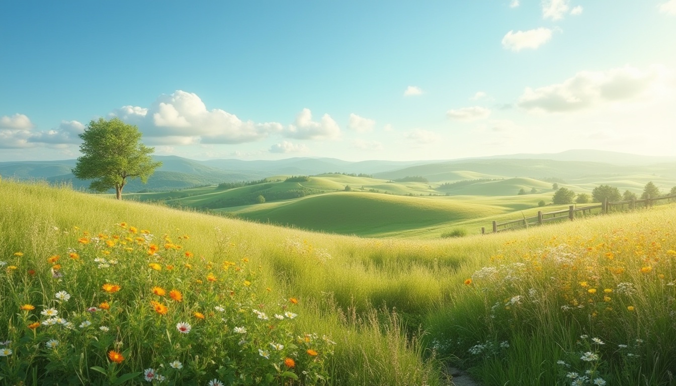 Prompt: Rolling hills, vast grasslands, sunny day, blue sky with few white clouds, warm soft lighting, gentle breeze, wildflowers blooming in vibrant colors, tall green grass swaying, a few trees scattered, wooden fence in the distance, rustic stone pathway, serene atmosphere, peaceful ambiance, nature reserve, national park, 3/4 composition, panoramic view, cinematic color grading, realistic textures.