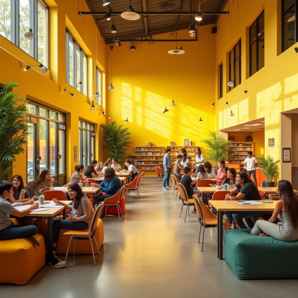 Prompt: Vibrant yellow walls, modern youth center, bright atmosphere, energetic vibe, young teenagers laughing, playing, socializing, colorful bean bags, wooden tables, metal chairs, floor lamps, open space, natural light pouring in through large windows, green plants, inspirational quotes on walls, collaborative learning environment, dynamic composition, wide-angle shot, warm lighting, afternoon sunlight.