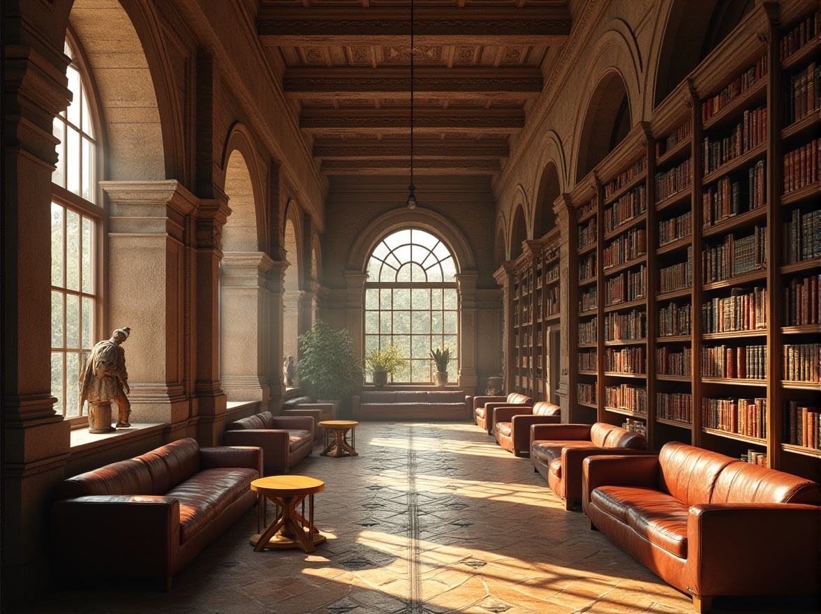 Prompt: Masonry library, modern architectural design, grand entrance, high ceiling, stone walls, brick columns, arched windows, ornate details, wooden bookshelves, leather sofas, reading tables, warm lighting, cozy atmosphere, afternoon sunlight, natural texture, earthy tone, geometric pattern, 3/4 composition, panoramic view, soft focus, cinematic lighting.