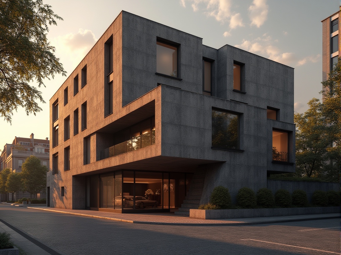 Prompt: Brown building, modern architecture, brutalism style, concrete material, rough texture, geometric shape, angular lines, minimalist design, urban cityscape, evening time, warm lighting, dramatic shadows, 3/4 composition, low-angle shot, atmospheric perspective, subtle color palette, earthy tone, natural ambiance, city life, metropolitan feel.