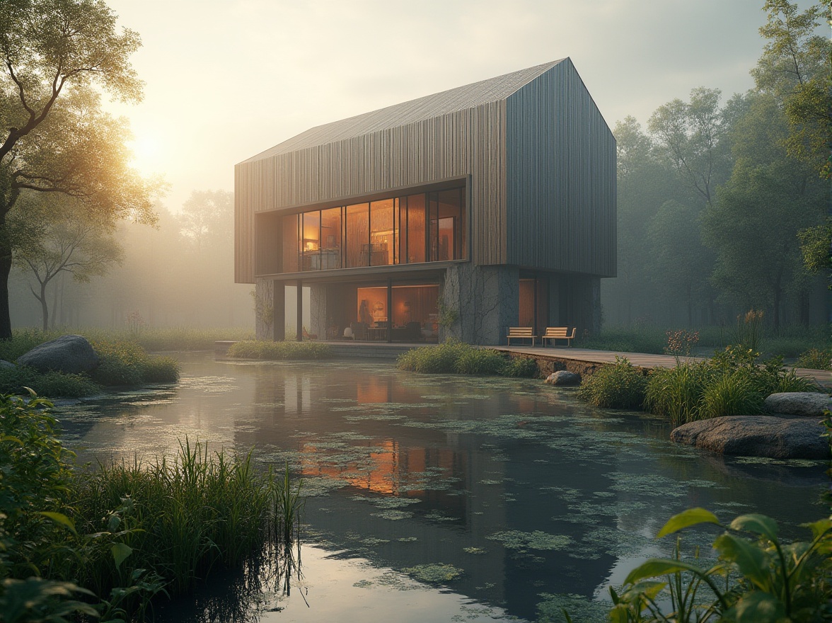 Prompt: Wetland architecture, modern building, bronze color accents, metallic texture, reflective surface, water surroundings, aquatic plants, misty atmosphere, morning dew, soft sunlight, warm ambient lighting, shallow waters, wooden dock, natural stone walls, lush greenery, winding boardwalk, serene ambiance, 3/4 composition, panoramic view, cinematic depth of field.