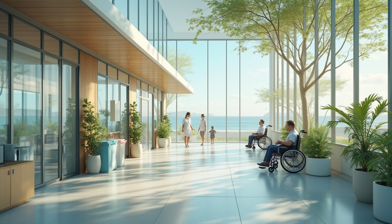 Prompt: Coastal healthcare facility, sustainable design, eco-friendly architecture, large windows, natural ventilation, solar panels, green roof, recycled materials, minimal waste, beachside location, calm ocean views, soft blue and white color scheme, modern minimalist interior, wooden accents, plants integrated into interior design, patients sitting in wheelchairs near floor-to-ceiling windows, nurses walking down a hallway with recycling bins, medical equipment made from sustainable materials, gentle ocean breeze, warm natural lighting, serene atmosphere, 3/4 composition, shallow depth of field.