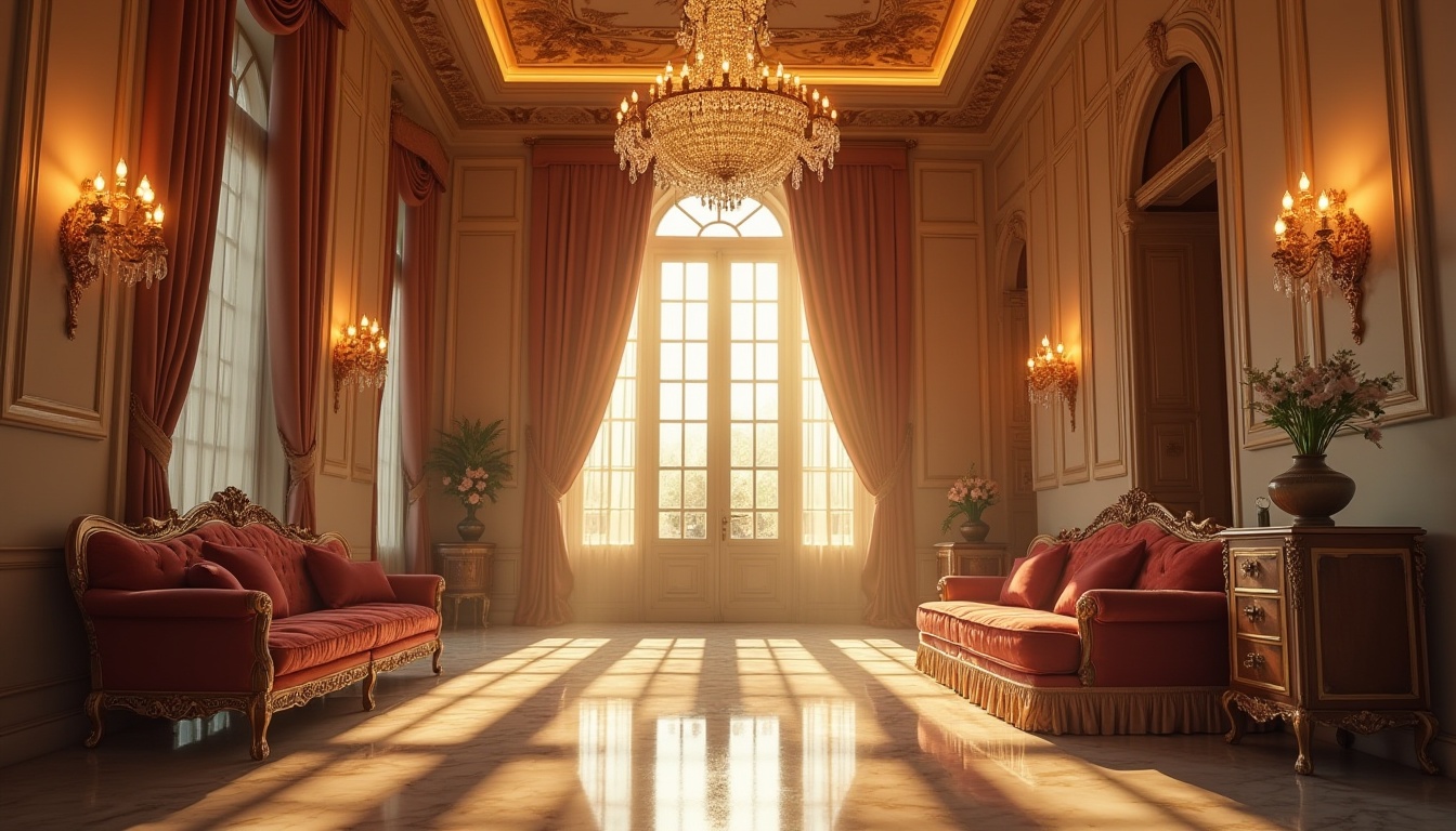 Prompt: Classic interior, luxurious villa, ornate chandelier, grand crystal pendant, elegant wall sconce, warm soft lighting, golden glow, marble floor, velvet sofa, intricately carved wooden furniture, lavish curtains, ornamental flower vase, beautiful detailed ceiling, 3/4 composition, shallow depth of field, cinematic lighting, afternoon sunbeam, warm ambient light.