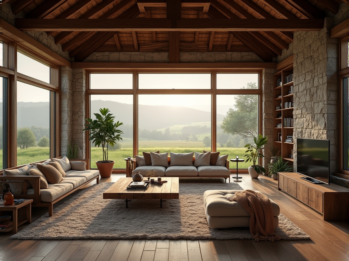 Prompt: Rural penthouse, structuralism style, modern farmhouse, luxurious interior, wooden beams, stone walls, large windows, panoramic view, countryside landscape, rolling hills, green pastures, misty morning, warm sunlight, cozy atmosphere, minimalist decor, industrial lighting, reclaimed wood furniture, plush area rug, comfortable sectional sofa, floor-to-ceiling bookshelves, vintage decorative items, nature-inspired artwork, rustic-chic accents, soft natural color palette, 3/4 composition, cinematic lighting, HDR.