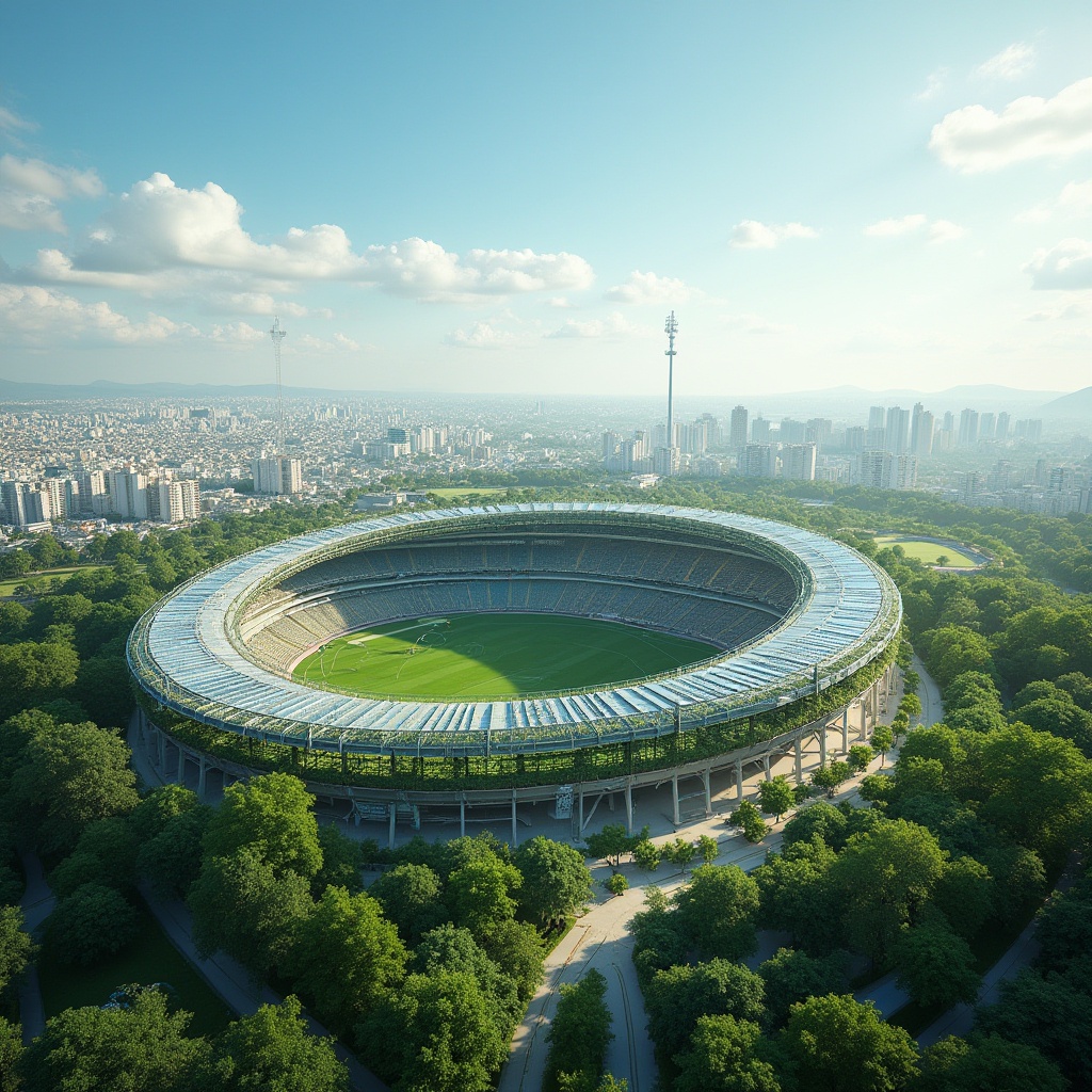 Prompt: Modern stadium, sustainable architecture, green building, solar panels, wind turbines, rainwater harvesting system, recycled materials, energy-efficient LED lights, living walls with lush greenery, natural ventilation, eco-friendly seating, bamboo flooring, large windows for natural light, panoramic view of the city, urban landscape, sunny day, blue sky with few white clouds, gentle breeze, ambient lighting, 3/4 composition, cinematic mood.