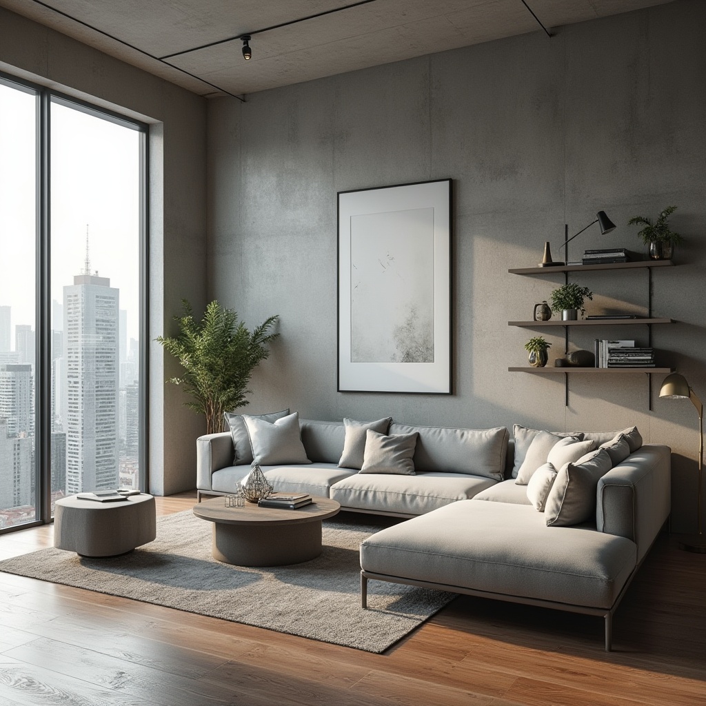 Prompt: Modern minimalist living room, functional space, sleek lines, low-profile furniture, monochromatic color scheme, natural light pouring in through floor-to-ceiling windows, urban cityscape view, concrete walls, polished wooden floors, geometric-shaped coffee table, velvet sectional sofa, industrial-style metal lamps, greenery on shelves, minimal decor, abstract artwork, 3/4 composition, softbox lighting, shallow depth of field, cinematic atmosphere.