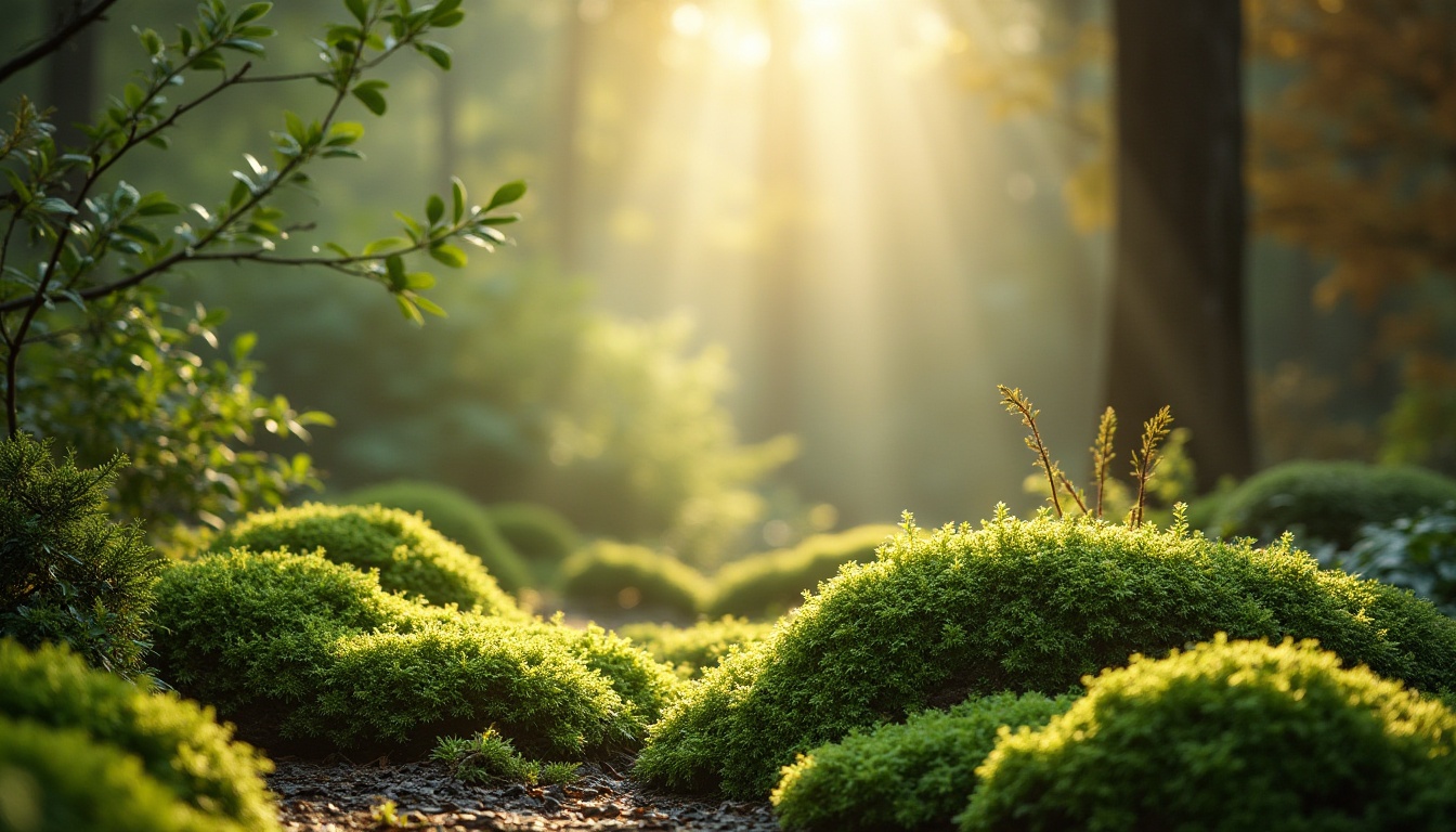 Prompt: Moss green, calming ambiance, natural scenery, serene atmosphere, forest floor, lush foliage, misty morning, soft diffused light, gentle composition, 3/4 view, warm beige background, wooden accents, earthy texture, organic shape, rounded lines, minimalist style, cozy nook, peaceful retreat.