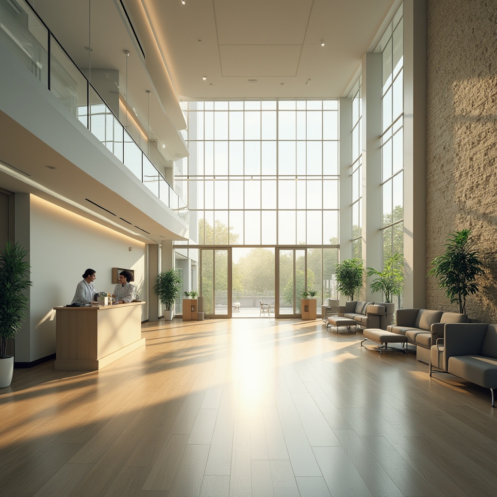 Prompt: Natural light, clinic design, modern hospital building, large windows, glass facade, minimalist interior, white walls, wooden floor, green plants, medical equipment, doctor, nurse, patients, reception desk, waiting area, staircase, natural stone wall, soft warm lighting, afternoon sunlight, shadows on the floor, subtle texture, 3/4 composition, panoramic view, ambient light, cinematic mood.