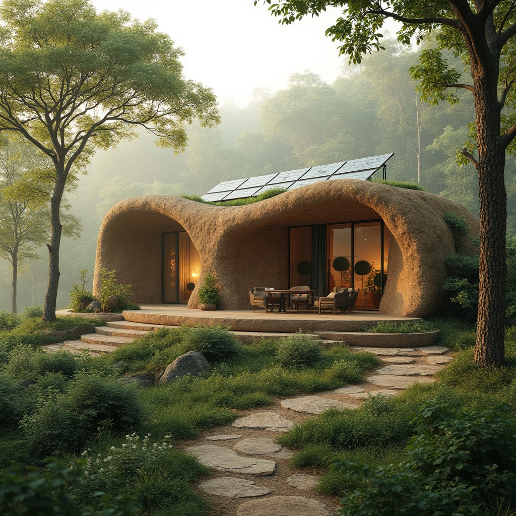 Prompt: Sustainable architecture, rammed earth material, natural texture, earthy tone, curved wall, modern villa, green roof, solar panels, surrounded by lush greenery, tranquil forest, misty morning, soft warm lighting, 3/4 composition, shallow depth of field, emphasis on texture, warm color palette, eco-friendly, organic shape.