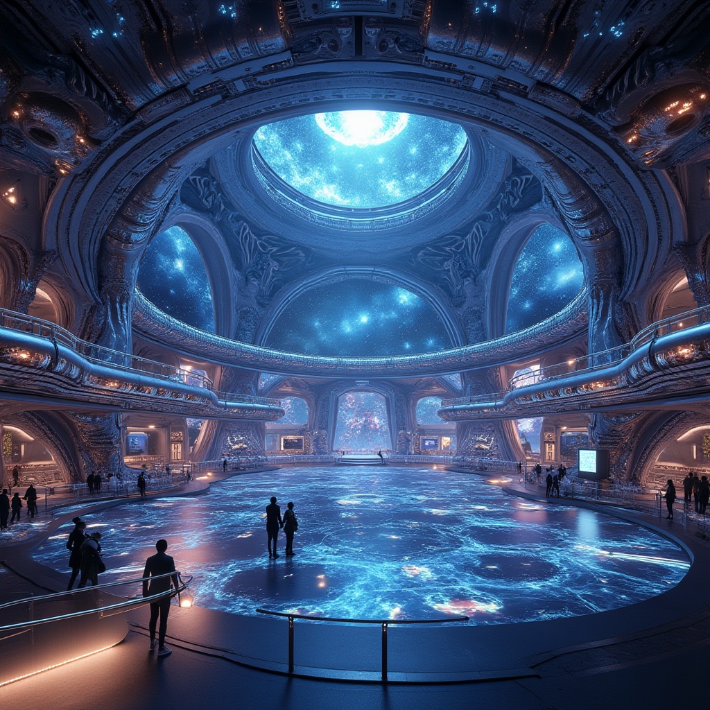 Prompt: Planetarium, fusion architecture, futuristic, spherical structure, gleaming metallic surface, intricate patterns, LED lights, ambient glow, nebula-inspired ceiling, galaxy projections, starry night sky, 3D astronomical visualizations, interactive exhibits, circular ramps, levitating walkways, transparent floors, holographic displays, immersive experience, panoramic view, wide-angle lens, soft focus, cinematic lighting.