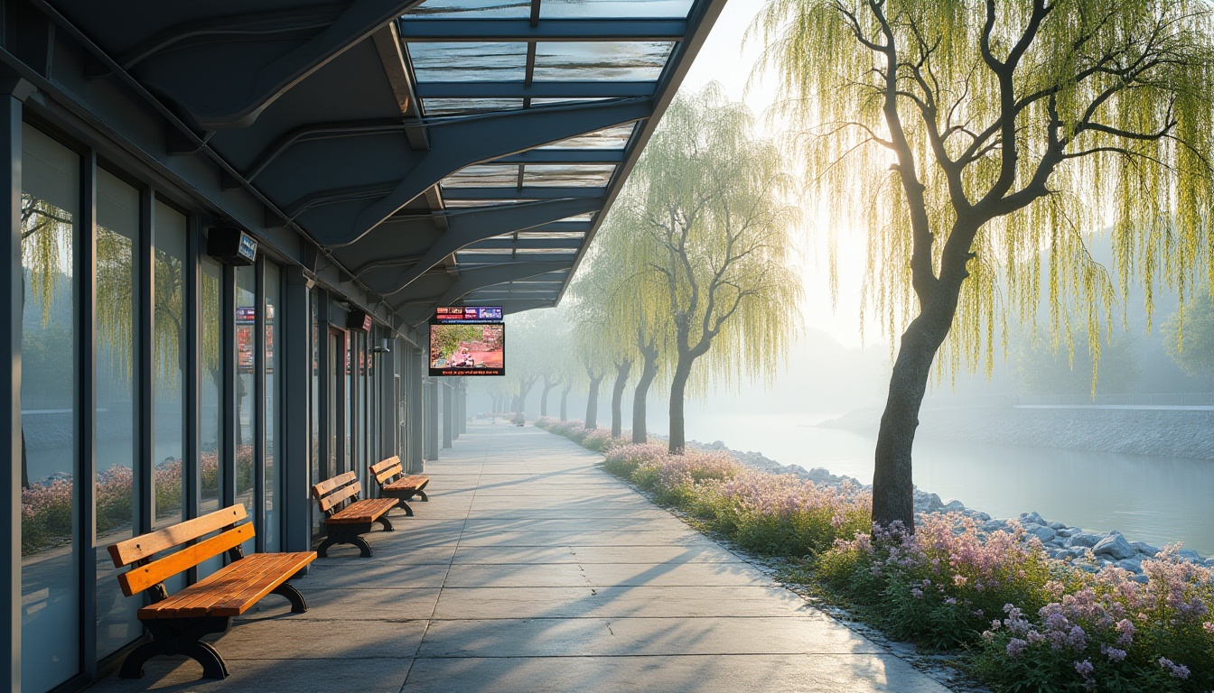 Prompt: Riverbank bus station, modern architecture, glass roof, metal frame, wooden benches, real-time electronic display, river views, weeping willows, blooming flowers, stone pathways, gentle slopes, serene atmosphere, morning mist, soft natural light, 3/4 composition, wide-angle shot, shallow depth of field.