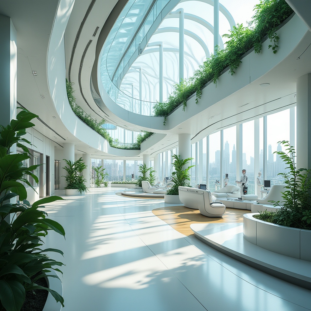 Prompt: Futuristic clinic, vernacular architecture, modern minimalist, curved lines, large glass windows, natural light, green roof, lush plants, sleek metal frames, LED lighting, digital display screens, futuristic medical equipment, robotic assistants, clean white walls, polished wood floors, comfortable patient waiting areas, calming color schemes, panoramic city view, urban skyscraper background, sunny day, soft shadows, 3/4 composition, cinematic lighting.