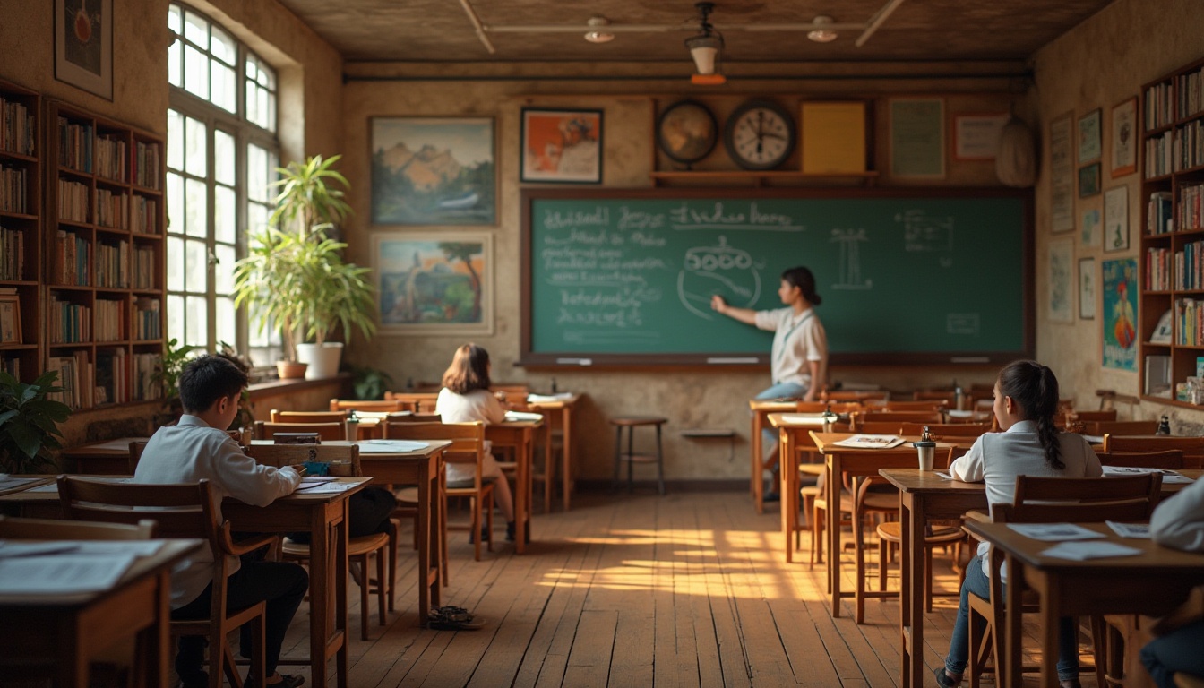 Prompt: Educational space, brown color scheme, wooden desks, chairs, bookshelves, warm atmosphere, students studying, teachers instructing, blackboards, chalks, pencils, papers, globes, educational posters, softbox lighting, cozy corner reading nook, earthy tone, natural texture, calm ambiance, 3/4 composition, shallow depth of field.