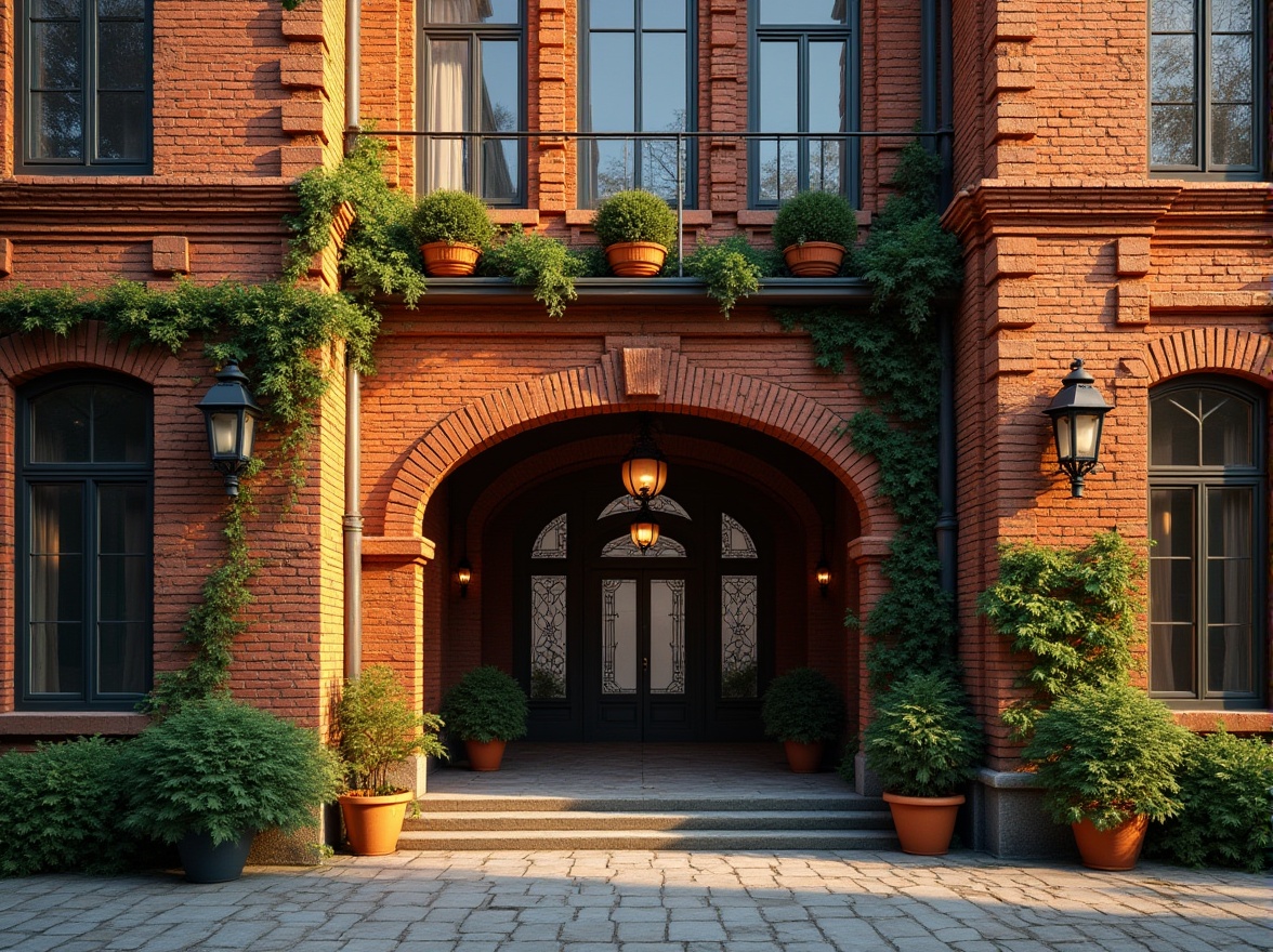 Prompt: Classic architectural design, brick material, red brick, rustic texture, ornate details, grand entrance, arched windows, symmetrical facade, vintage lanterns, climbing plants, ivy-covered walls, stone pavement, cobblestone road, European-style courtyard, warm afternoon lighting, 3/4 composition, medium shot, slight tilt, cinematic atmosphere.