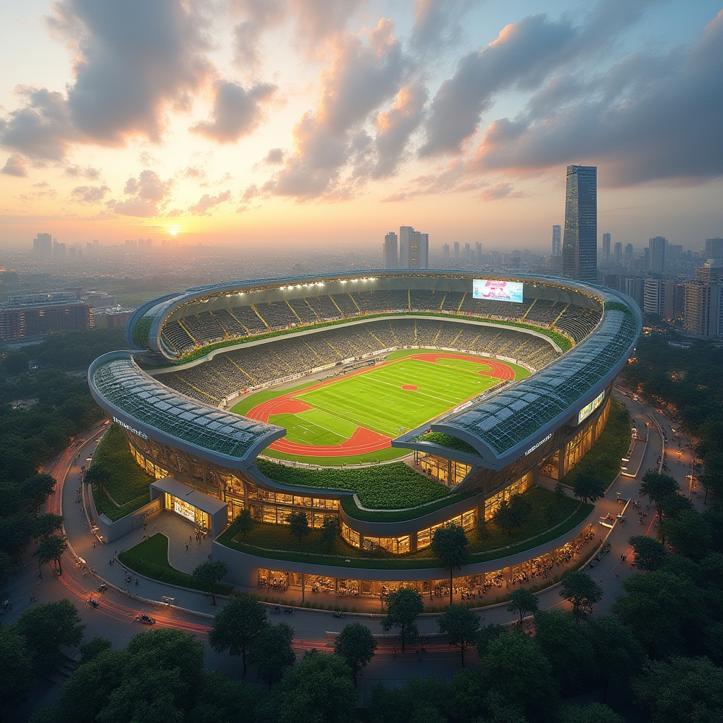 Prompt: Modern stadium, sustainable architecture, eco-friendly design, green roof, solar panels, wind turbines, recyclable materials, energy-efficient lighting, rainwater harvesting system, organic food stalls, composting facilities, natural ventilation, passive cooling systems, living walls, urban garden, athletic tracks, sports fields, grandstand seating, VIP lounges, media centers, scoreboard displays, evening sunset view, warm ambient lighting, panoramic cityscape, 3/4 composition, cinematic atmosphere.