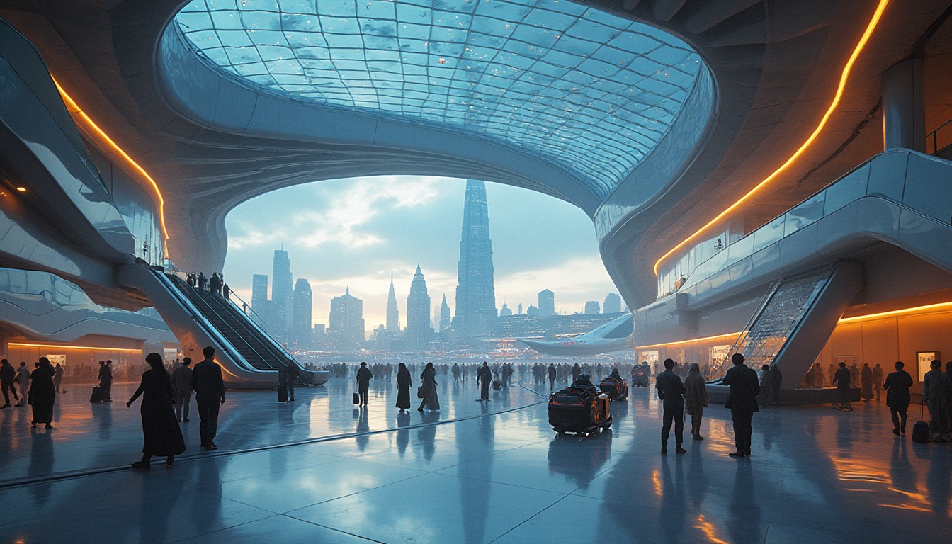 Prompt: Futuristic airport, sleek architecture, curved lines, neon lights, holographic advertisements, transparent glass ceiling, bustling atmosphere, busy travelers, suitcase robots, automated walkways, space-age escalators, shiny metallic surfaces, reflective floors, towering vertical gardens, futuristic cityscape background, distant flying cars, cloudy sky, warm ambient lighting, cinematic composition, 3/4 view, low-angle shot.