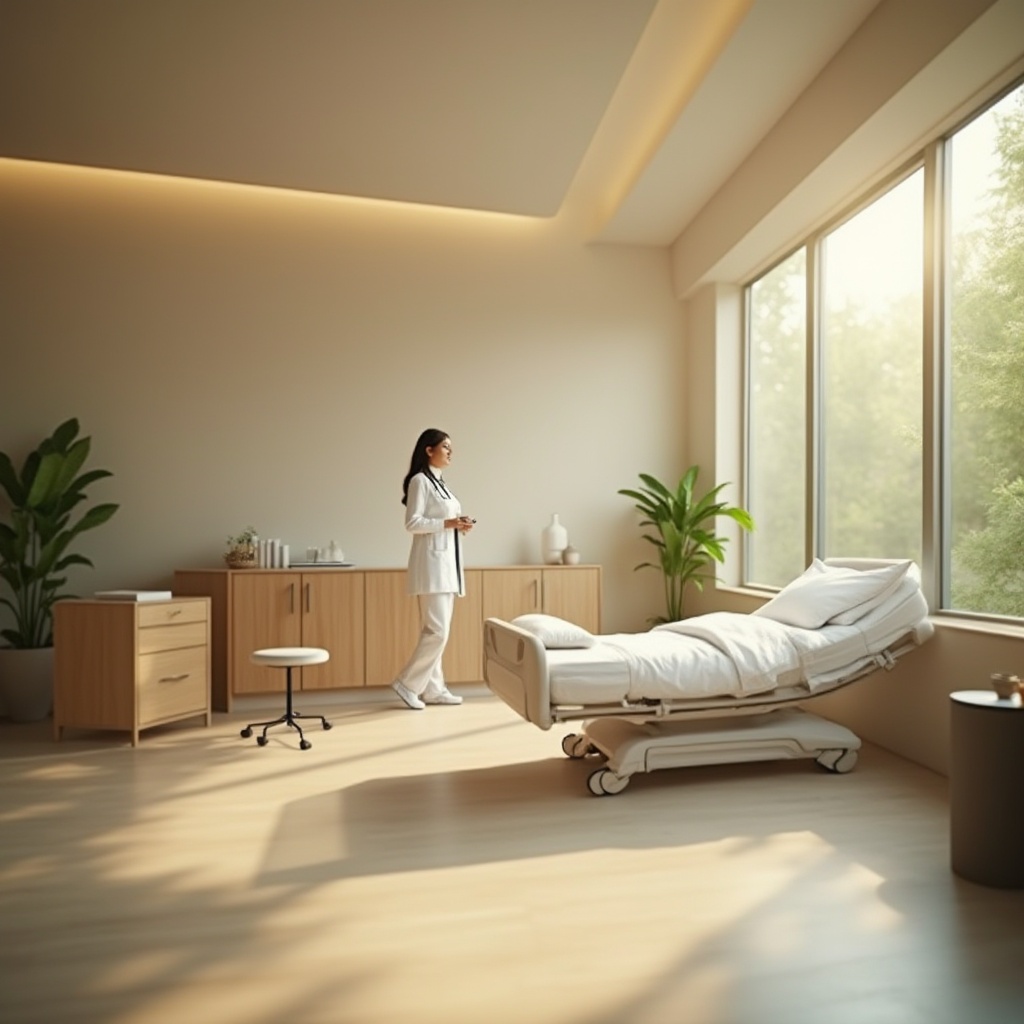 Prompt: Modern clinic interior, natural light pouring in through large windows, soft diffused illumination, warm beige walls, wooden accents, minimalist furniture, green plants scattered throughout, doctor or nurse standing near a patient's bed, gentle facial expression, subtle makeup, professional attire, stethoscope around neck, calming atmosphere, 3/4 composition, shallow depth of field, realistic textures, morning sunlight, indirect lighting, healthy ambiance.