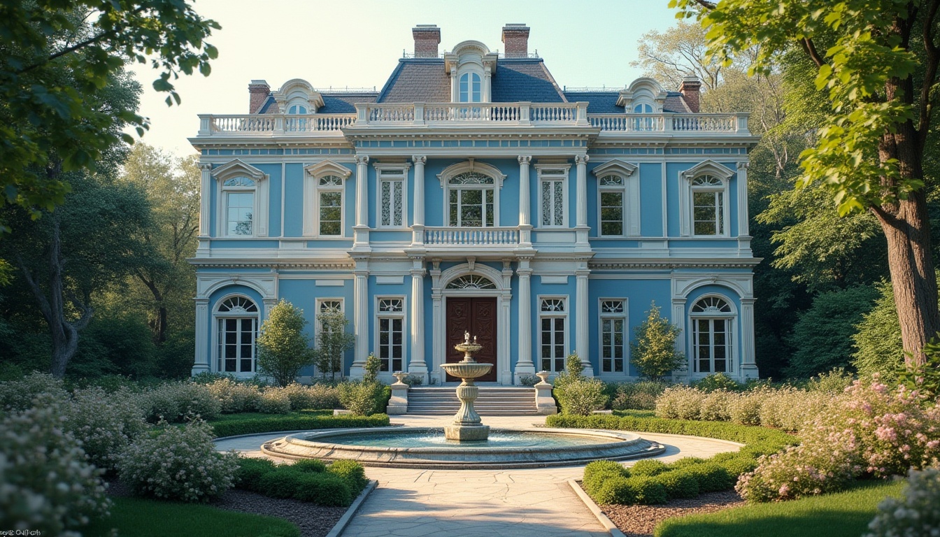 Prompt: Classic residential building, blue tone exterior walls, white windows, ornate doors, Roman columns, detailed carvings, majestic entrance, sprawling garden, lush greenery, blooming flowers, tranquil fountain, serene atmosphere, warm afternoon sunlight, soft shadows, 3/4 composition, panoramic view, realistic texture, subtle weathering effect, European-inspired architecture.