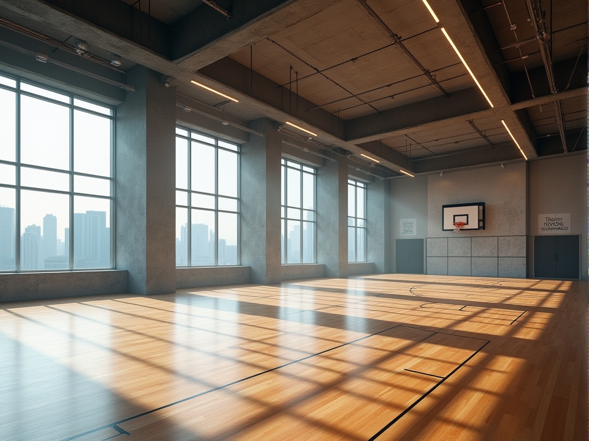 Prompt: Modern gymnasium interior, incorporating plastered concrete, high ceiling, rows of LED lights, polished wooden floors, sleek steel beams, minimalist sports equipment, basketball hoop, tennis court markings, athletic tracks, motivational quotes on walls, large windows with urban views, cityscape background, soft natural light, atmospheric mist, 3/4 composition, cinematic lighting, shallow depth of field.