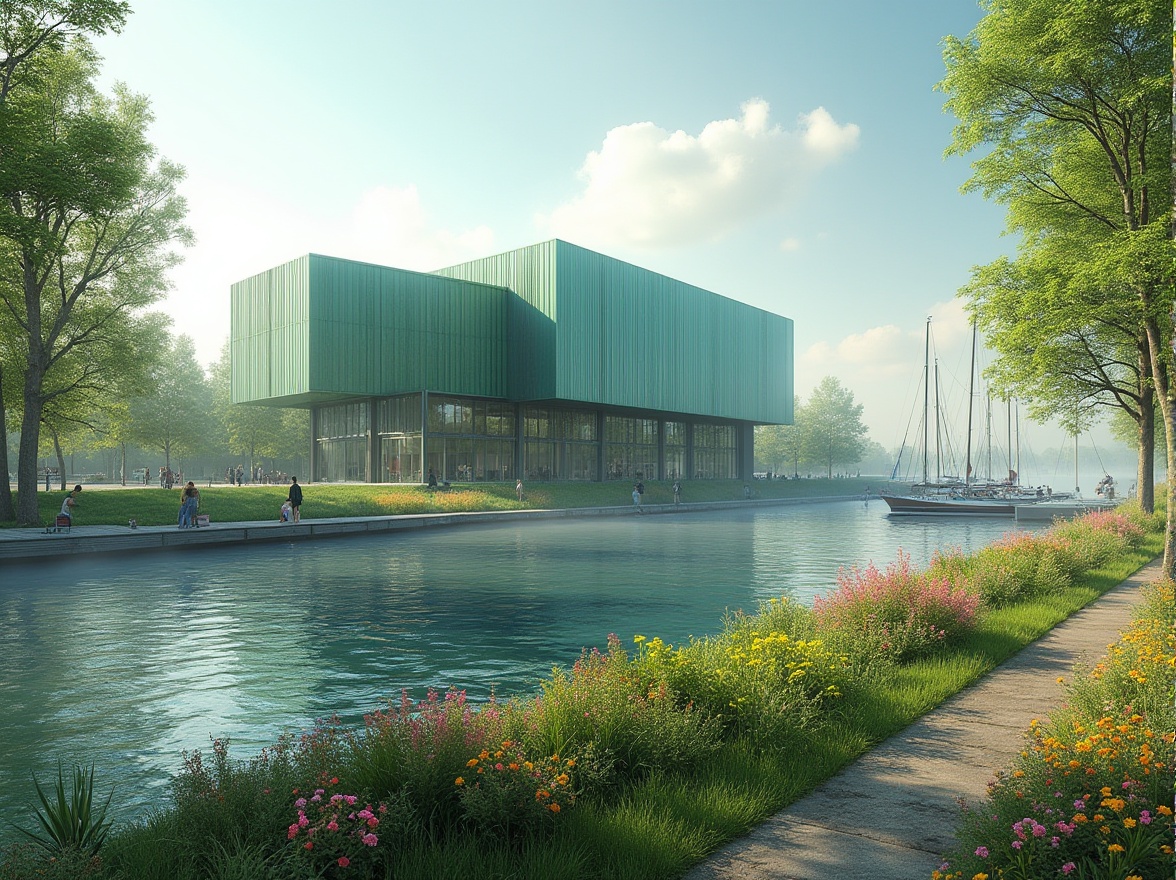 Prompt: Modern laboratory building, riverside location, green glass façade, steel structure, angular architecture, surrounded by lush greenery, trees leaning over the river, wooden docks, sailboats moored, sunny day, gentle breeze, soft light reflecting off rippling water, scenic walking path alongside the riverbank, wildflowers blooming in vibrant colors, few people strolling leisurely, atmospheric mist rising from the river surface.