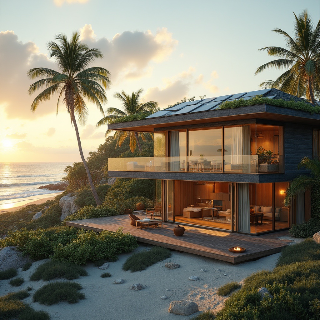 Prompt: Coastal architecture, modern villa, eco-friendly design, large windows, solar panels, green roof, recycled materials, wooden deck, outdoor furniture, beachside location, tropical plants, palm trees, sandy dunes, calm ocean waves, sunset time, warm soft lighting, 3/4 composition, shallow depth of field.