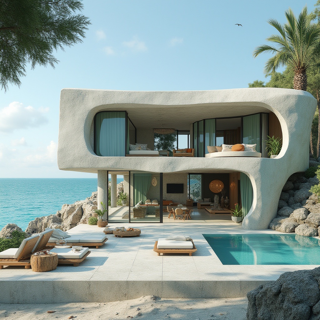 Prompt: Coastal architecture, modern villa, seaside resort, plasticrete material, textured rough surface, weathered concrete appearance, ocean-inspired color palette, blue-green hues, coral-like patterns, wave-shaped exterior walls, large windows with ocean views, minimalistic interior design, natural lighting, open floor plan, spacious living room, comfortable furniture, beach-themed decorations, seashells, driftwood, coastal plants, sandy dunes, rocky shores, calm turquoise ocean, sunny day, soft gentle breeze, ambient lighting, realistic render.