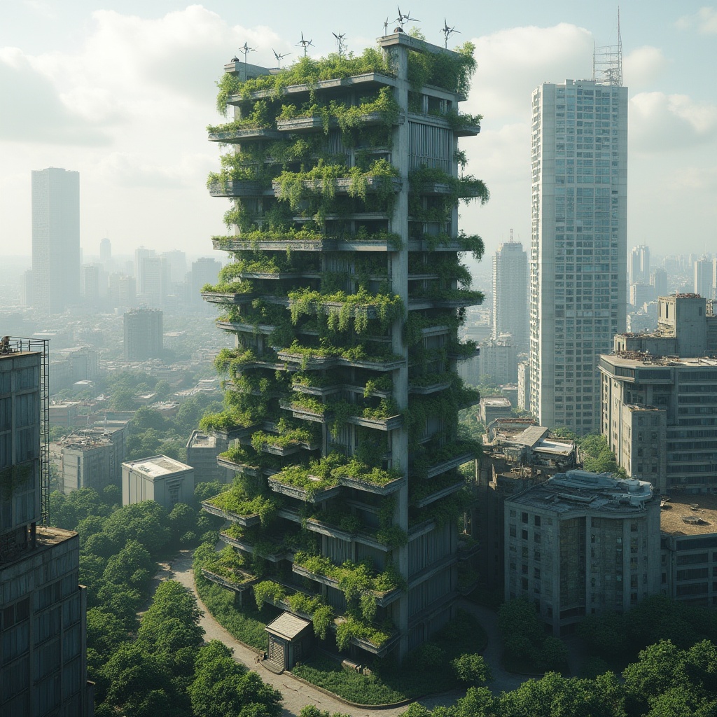 Prompt: Brutalist skyscraper, sustainable architecture, greenery walls, lush vertical garden, modern urban jungle, steel beams, concrete columns, industrial windows, rooftop solar panels, wind turbines, recycled materials, eco-friendly façade, minimal waste, zero-carbon footprint, futuristic cityscape, metropolitan skyline, dramatic lighting, low-angle shot, cinematic composition, gritty texture, rough concrete, sleek metal accents.