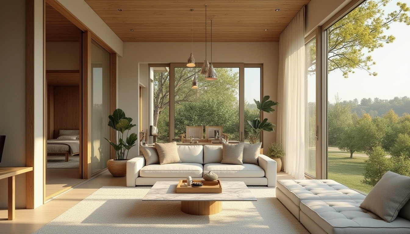 Prompt: Modern minimalist house, Celadon color scheme, exterior walls, calm atmosphere, soft natural light, 3/4 composition, warm beige tones, subtle wooden accents, large windows, sliding glass doors, indoor plants, simple lines, minimal ornamentation, cozy living room, comfortable sofa, marble coffee table, soft cushions, elegant chandelier, floor-to-ceiling curtains, panoramic view of surrounding trees, peaceful neighborhood, afternoon sunlight filtering through leaves.