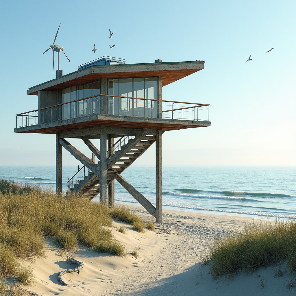 Prompt: Sustainable, eco-friendly, coastal watching tower, modern architecture, steel structure, recycled materials, solar panels, wind turbines, green roof, ocean view, panoramic windows, minimalistic interior design, wooden accents, natural texture, beachside setting, sandy dunes, sea oats, driftwood, seagulls flying overhead, sunny day, clear blue sky, gentle ocean breeze, soft natural light, cinematic composition, 3/4 angle shot.