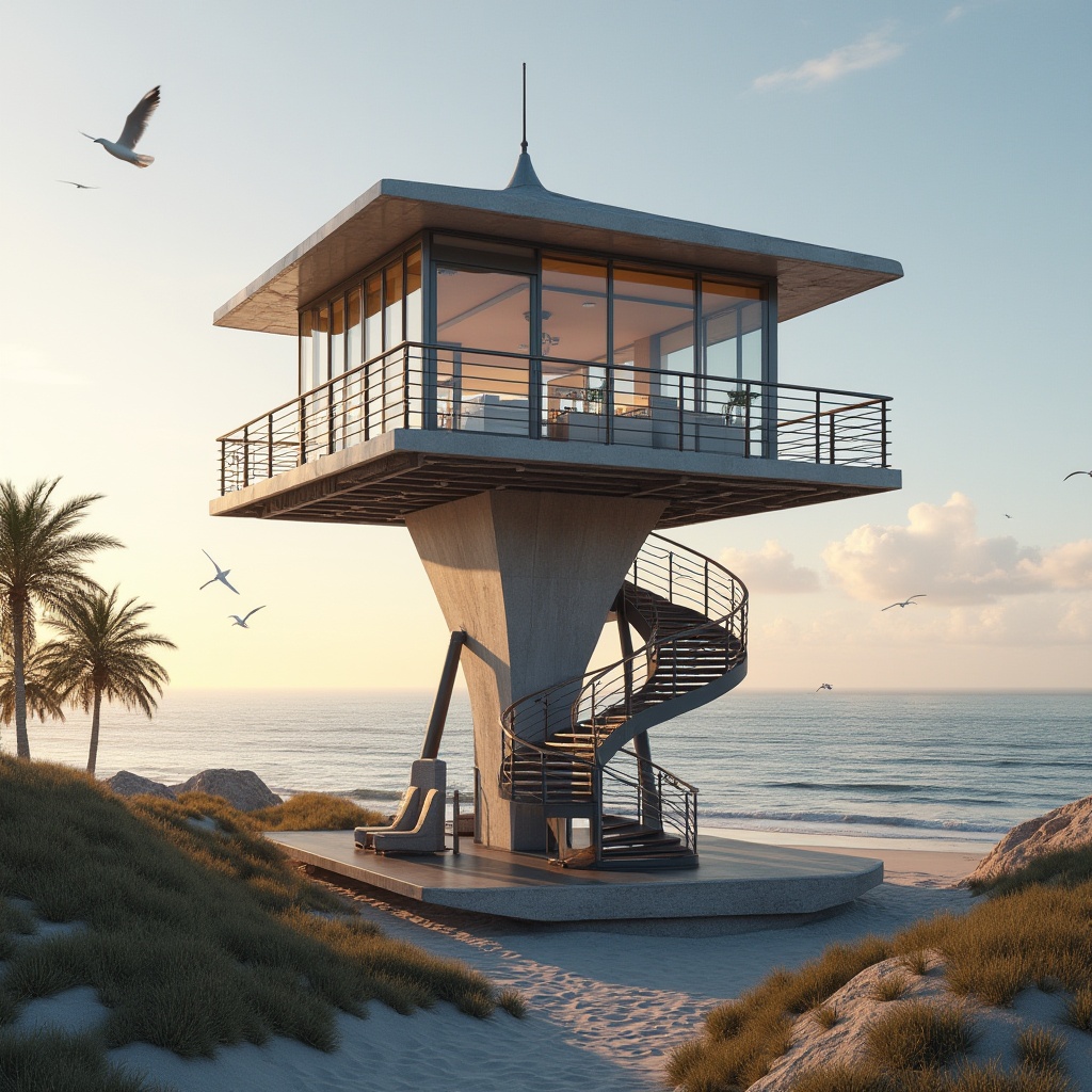 Prompt: Coastal watching tower, modern architectural style, sleek lines, metallic materials, glass windows, observation deck, winding staircase, nautical theme, beachside location, palm trees, sandy dunes, ocean views, sunset lighting, warm colors, minimalist design, functional simplicity, steel railings, wooden accents, seagulls flying overhead, gentle sea breeze, panoramic view.