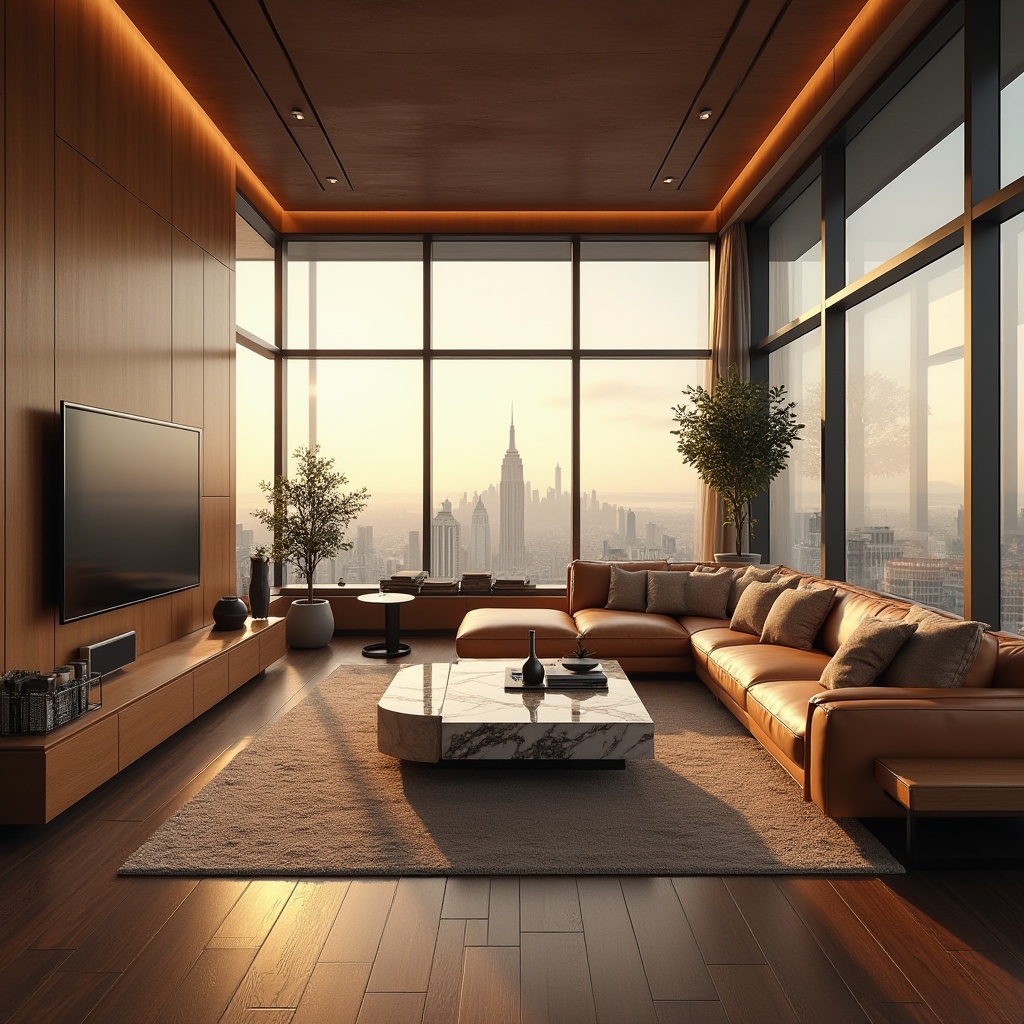 Prompt: Earth-toned interior design, brown color scheme, luxurious living room, wooden furniture, leather sofa, marble coffee table, warm lighting, floor-to-ceiling windows, city view, modern skyscraper, sunny afternoon, soft natural light, 3/4 composition, shallow depth of field, realistic rendering.