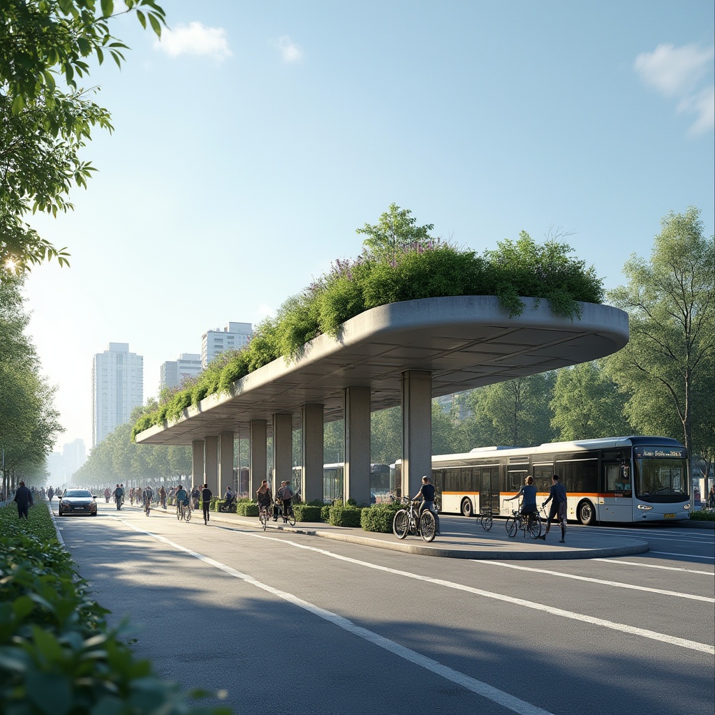 Prompt: Modern bus station, eco-friendly, green roof, solar panels, recycled materials, natural ventilation, energy-efficient lighting, sleek lines, minimalist design, urban setting, cityscape, morning commute, busy streets, pedestrians walking by, bicycles parked nearby, clear blue sky, soft sunlight, shallow depth of field.