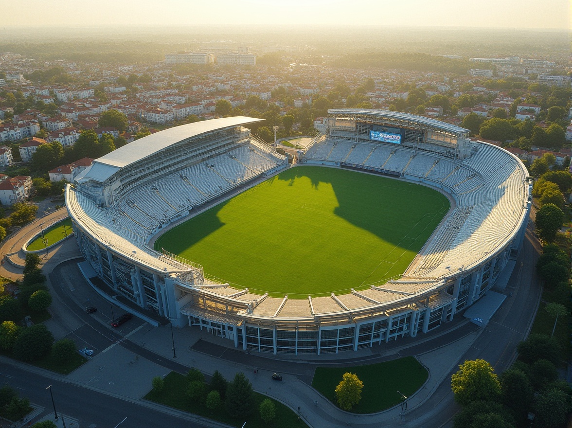 Prompt: Suburban stadium, modern architecture, sleek curves, large glass windows, steel beams, vibrant green grass, detailed texture, afternoon sunlight, soft shadows, surrounding residential buildings, trees lining the streets, few pedestrians walking, distant sounds of children playing, calm atmosphere, 3/4 composition, warm lighting, realistic rendering.