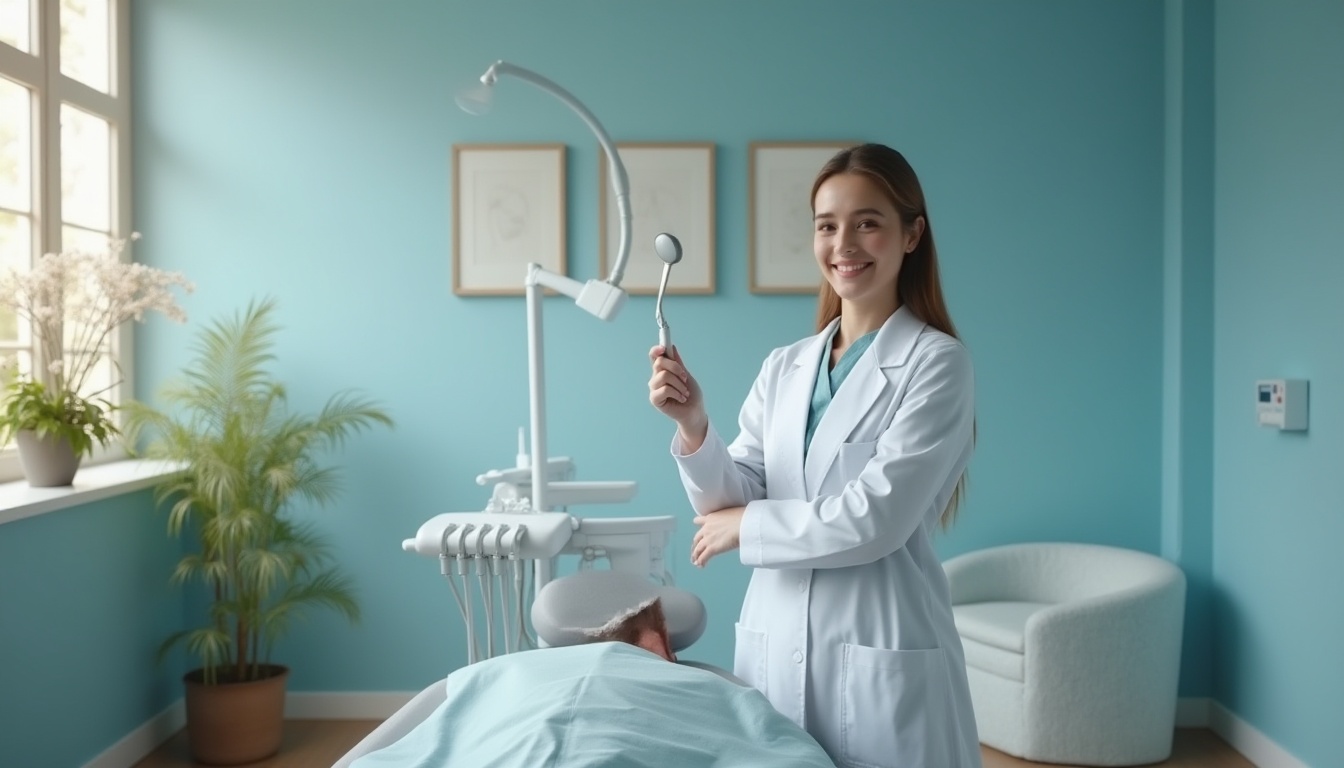 Prompt: calming dental space, lavelder blue walls, soft natural light, modern minimalist furniture, sleek metal equipment, dentist in white coat, gentle facial expression, subtle smile, hands holding dental mirror, standing near patient, relaxed atmosphere, plants with small white flowers, wooden floor, simple decorative frames, soothing ambiance, shallow depth of field, warm color temperature, 3/4 composition, soft focus on background.