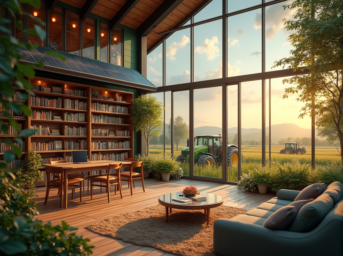 Prompt: Rural library, farmland community, modern architecture, green roof, solar panels, large windows, natural light, wooden shelves, books, laptops, reading area, cozy atmosphere, comfortable seating, plants, flowers, outdoor garden, peaceful environment, birds chirping, surrounding fields, tractors, farmers, sunset, warm lighting, 3/4 composition, soft focus.