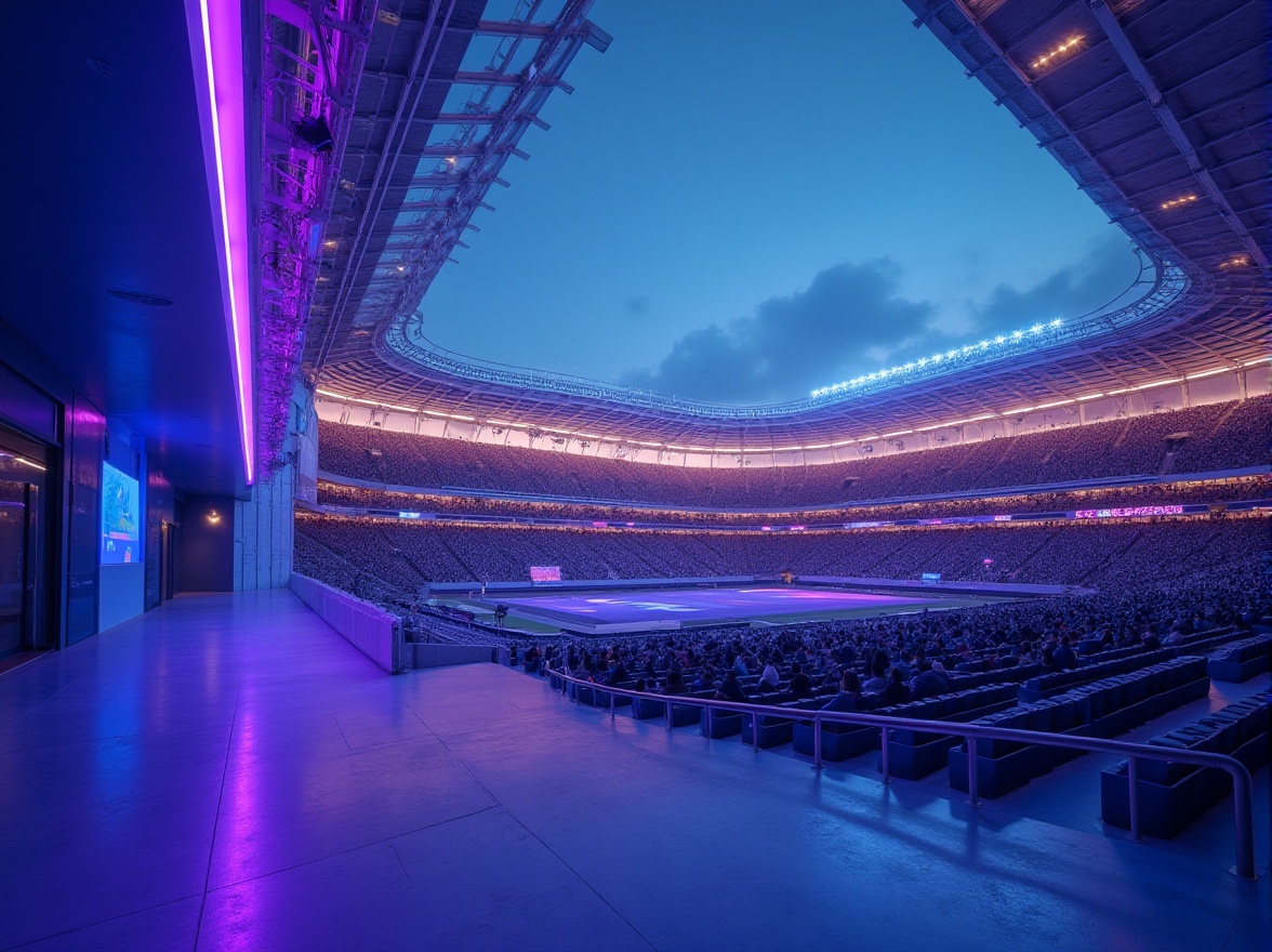 Prompt: Modern stadium, blue violet accent wall, gradient seating arrangement, vibrant LED lights, sleek glass railings, stainless steel beams, polished concrete floor, dynamic architecture, angular lines, futuristic design, evening atmosphere, warm ambient lighting, dramatic shadows, low-angle shot, 3/4 composition, depth of field, high-contrast ratio, stadium crowd, excited fans, energetic vibe.