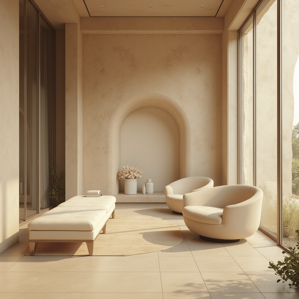 Prompt: Sand-casted materials, luxurious villa interior, modern minimalist decor, warm beige tone, textured walls, floor-to-ceiling windows, natural light pouring in, elegant furniture with sand-blasted metal legs, soft cushioning, low-poly 3D model, realistic render, atmospheric lighting, slight mist effect, shallow depth of field, Dutch angle composition.