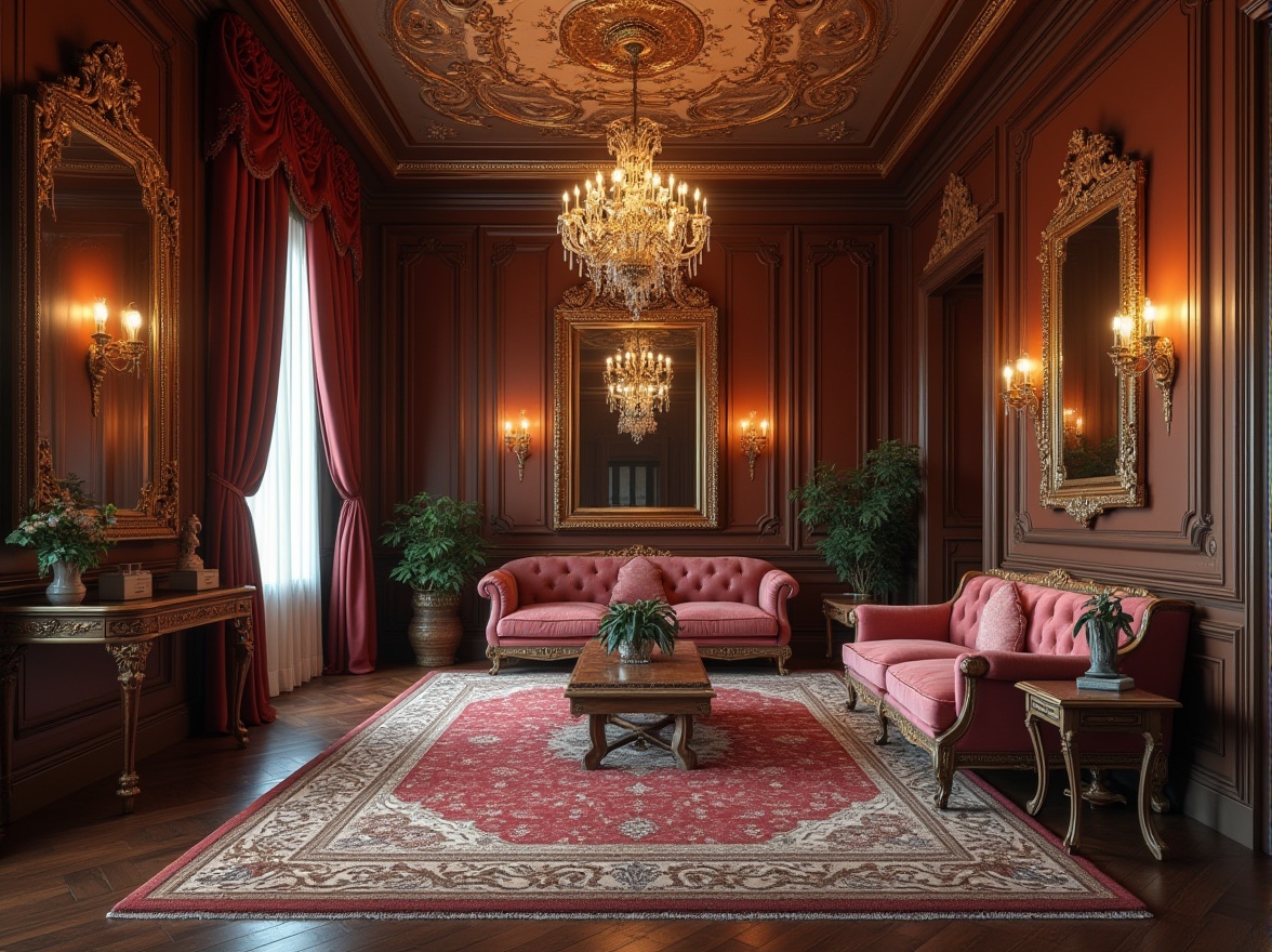 Prompt: Classic spaces, luxurious interior, wooden flooring, grand chandelier, ornate mirrors, velvet sofa, carved wooden armchair, antique coffee table, intricate rug patterns, heavy drapery, golden frames, rich textures, regal ambiance, symmetrical composition, warm softbox lighting.