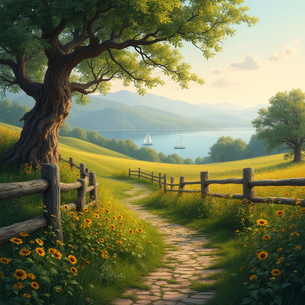 Prompt: Rural landscape, peaceful atmosphere, rolling hills, lush green grass, scattered wildflowers, sunflower field, rustic wooden fence, old tree with twisted branches, stone paved path, serene lake in distance, few sailboats drifting, misty mountains in backdrop, warm soft lighting, golden hour, gentle breeze, nature sounds, 3/4 composition, cinematic mood, idyllic scenery, oil painting texture.