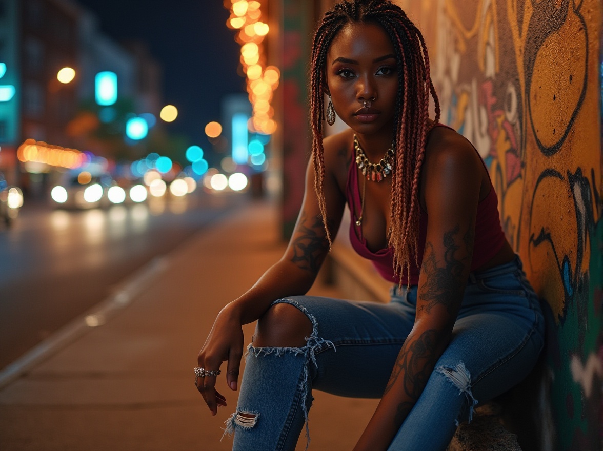 Prompt: Urban eclectic woman, mixed ethnicity, colorful braided hair, bold makeup, nose ring, tank top, high-waisted ripped jeans, chunky sneakers, street art background, graffiti walls, cityscape, skyscrapers, bustling streets, vibrant nightlife, neon lights, 3/4 composition, low-angle shot, dramatic shadows, warm golden lighting.