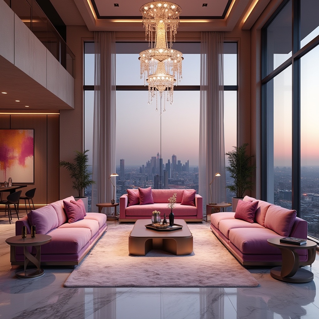 Prompt: Orchid color, modernism style, luxurious interior, high-end design, sophisticated ambiance, elegant lines, geometric shapes, sleek surfaces, marble floor, velvet sofa, abstract art piece, metallic accents, crystal chandelier, large windows, cityscape view, evening time, warm lighting, soft focus, shallow depth of field, cinematic composition, 3/4 shot, close-up on orchid color accents.