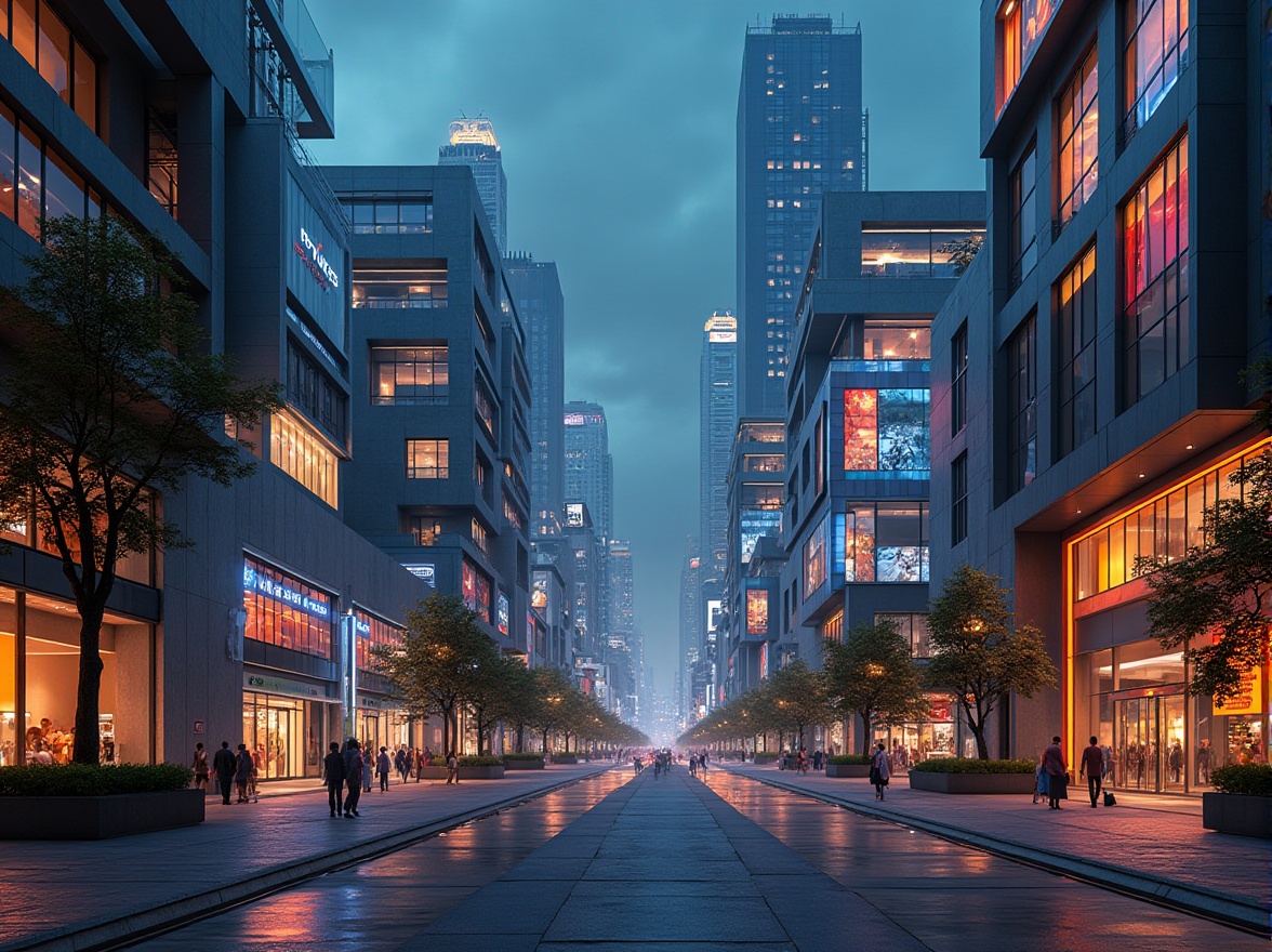 Prompt: Commercial districts, futuristic, constructivist architecture, geometric shapes, metallic materials, neon lights, skyscrapers, cityscape, night scene, bustling streets, pedestrian crowds, modern urban life, sleek lines, abstract patterns, 3D modeling, low-angle shot, cinematic composition, high-contrast lighting.