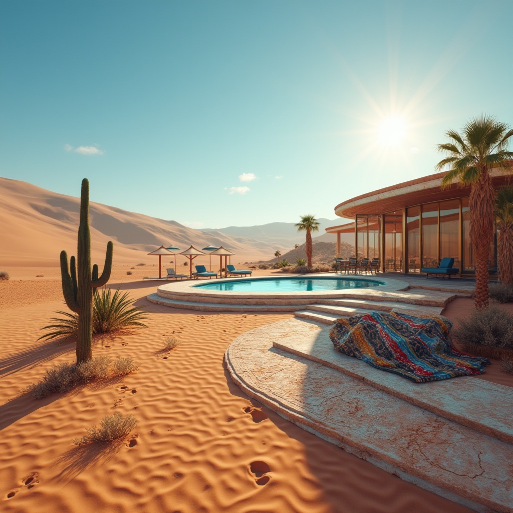 Prompt: Desert landscape, vast sand dunes, clear blue sky, scorching sun, dramatic shadows, isolated cactus, old worn-out wooden sign, abandoned vehicle, rusted metal scraps, sandy footprints, futuristic architecture, sleek metallic materials, glass façade, curved lines, minimalist interior, cozy seating area, refreshing pool, palm trees, outdoor lounge chairs, vibrant colorful textiles, intricate patterns, warm ambient lighting, cinematic composition.